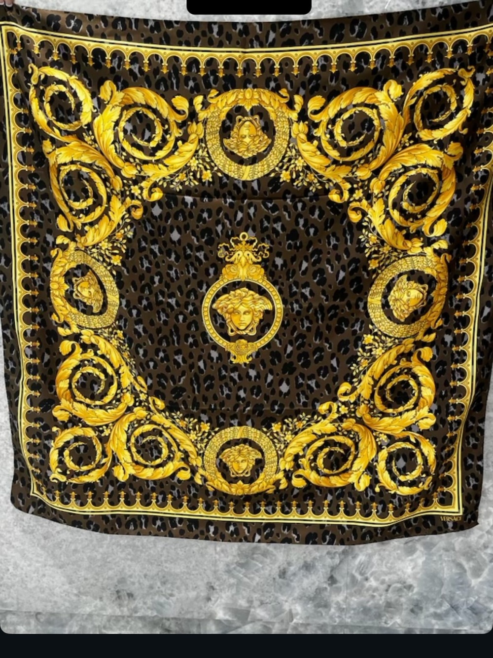 Versace 100% Silk Black and Gold Medusa Head Scarf New